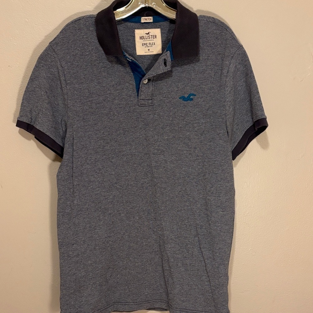 Hollister Men's Polo Shirt in Heather Gray and Dark Blue